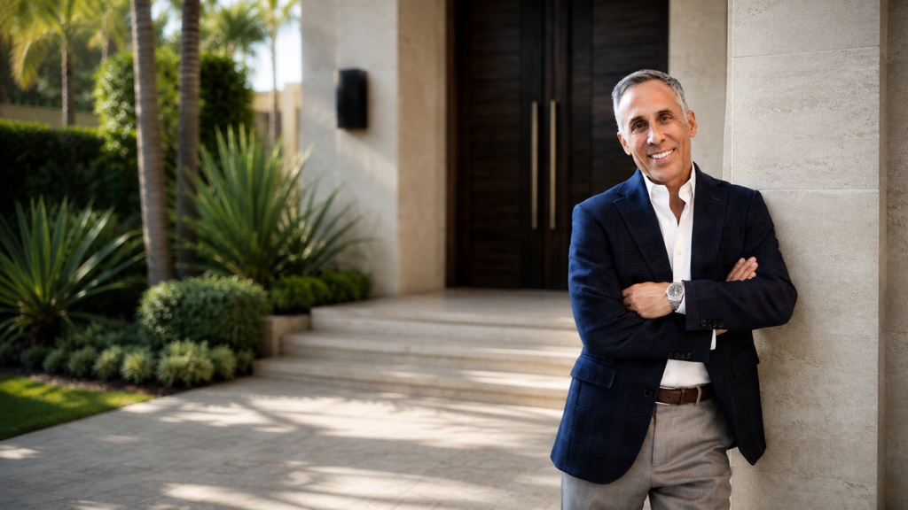Michael Weiss at the entrance of a luxury South Florida residence, framed by tropical landscaping and contemporary architecture.