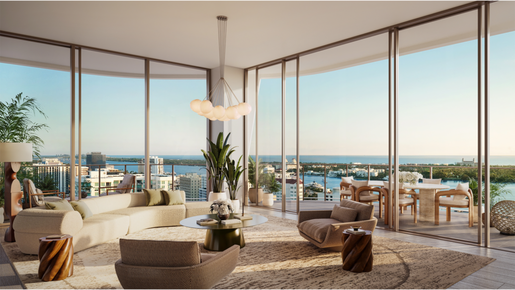 Luxury living room at Banyan Tree Residences West Palm Beach overlooking the city, Intracoastal Waterway and Atlantic Ocean